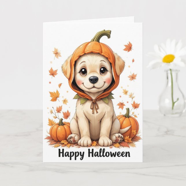 Adorable Welpe in Pumpkin Halloween Sweet Fall Dog Karte (Kleine Pflanze)