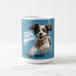 Adorable Welpe Mid-Air-Laufen mit einem Stock Kaffeetasse