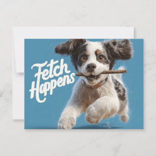 Adorable Welpe Mid-Air-Laufen mit einem Stock Postkarte