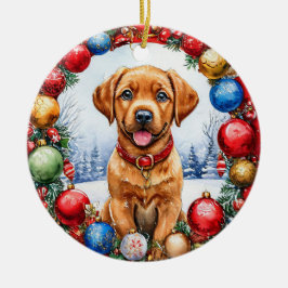 Adorable Welpe umgeben von Weihnachtsdekorationen Keramik Ornament