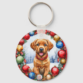 Adorable Welpe umgeben von Weihnachtsdekorationen Schlüsselanhänger