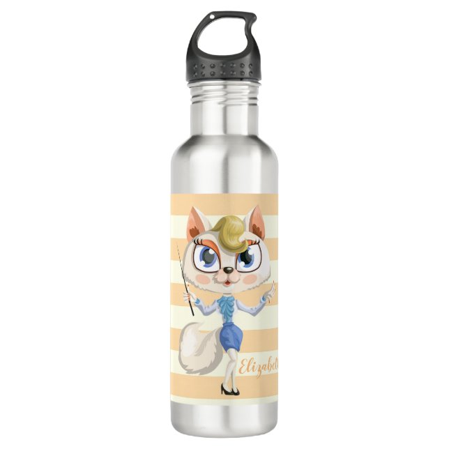 Adorable Whimsical Cat on Stripes Personalisiert Edelstahlflasche (Vorderseite)