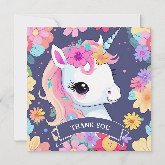 Adorable White Baby Unicoron mit Blume Dankeskarte (Vorderseite)