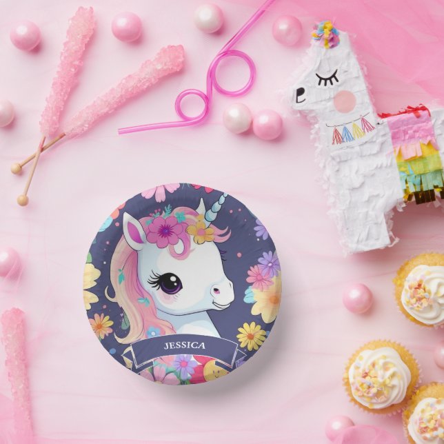 Adorable White Baby Unicoron mit Blume Pappteller (Party)