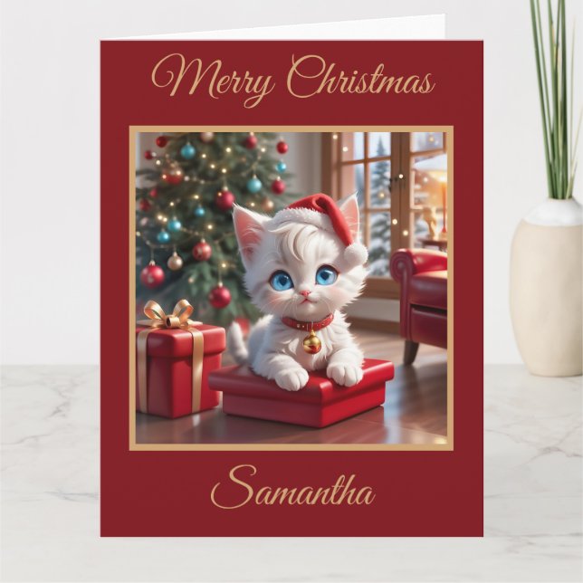 Adorable White Kitten mit Weihnachtsgeschenk Karte (Vorderseite)