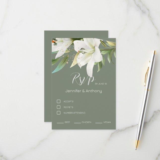 Adorable White Lilies RSVP Karte (Vorderseite/Rückseite Beispiel)