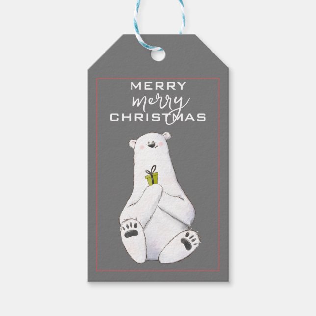 Adorable White Polar Bär mit Little Green Gift - Geschenkanhänger (Vorderseite)