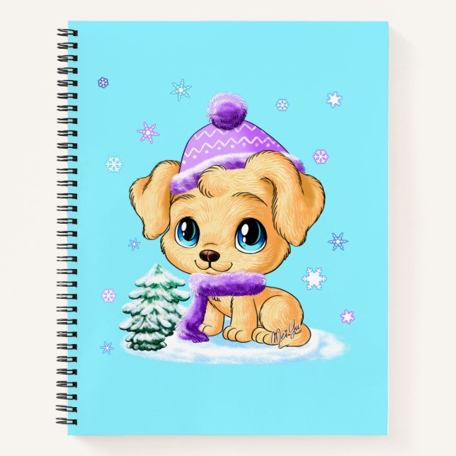 Adorable Winter Puppy Dog Art Turquoise Notebook Notizbuch (Vorderseite)