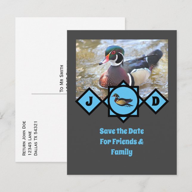 Adorable Wood Duck Monogram Foto Einladungspostkarte (Vorne/Hinten)