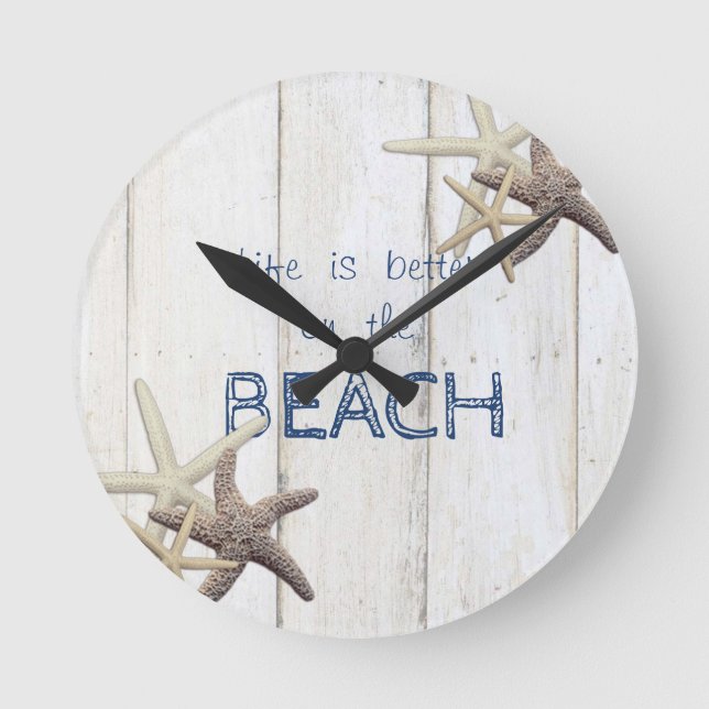 Adorable Wood Texture,Starfish,Beach   Runde Wanduhr (Vorderseite)
