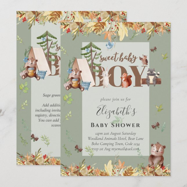 Adorable Woodland Bären Camping Boys Babydusche in (Vorne/Hinten)