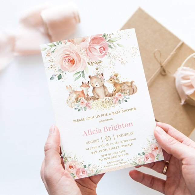 Adorable Woodland Blush Floral Girly Babydusche Einladung (Von Creator hochgeladen)