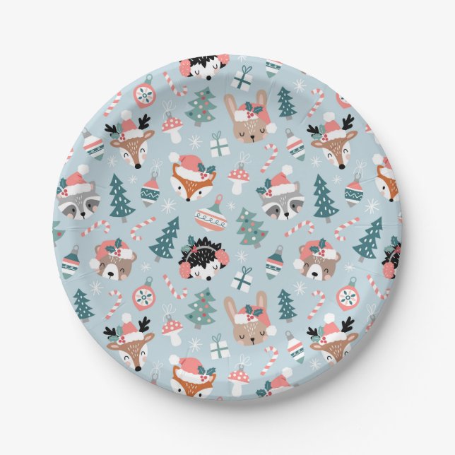 Adorable Woodland Weihnachtstiermuster Pappteller (Vorderseite)