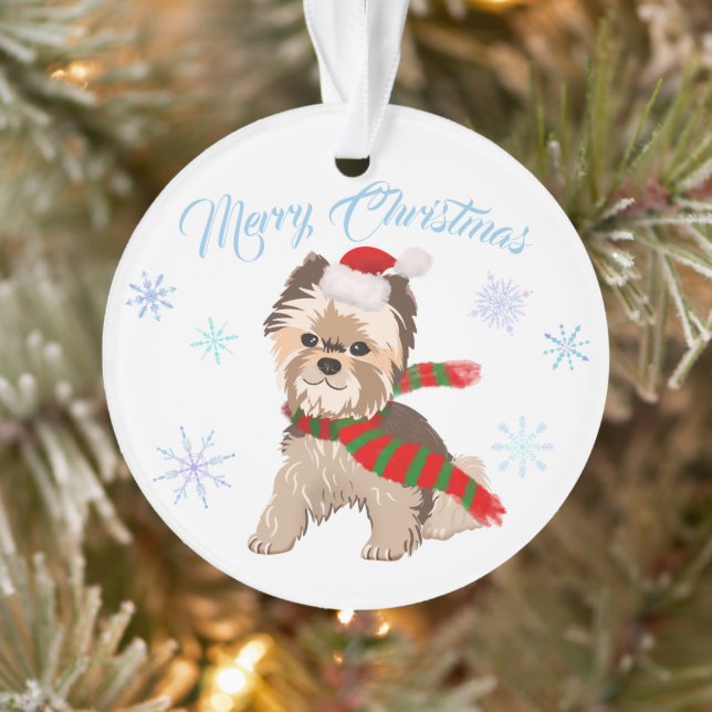 Adorable Yorkie De Noël À Santa Hat Snowflakes (Arbre)