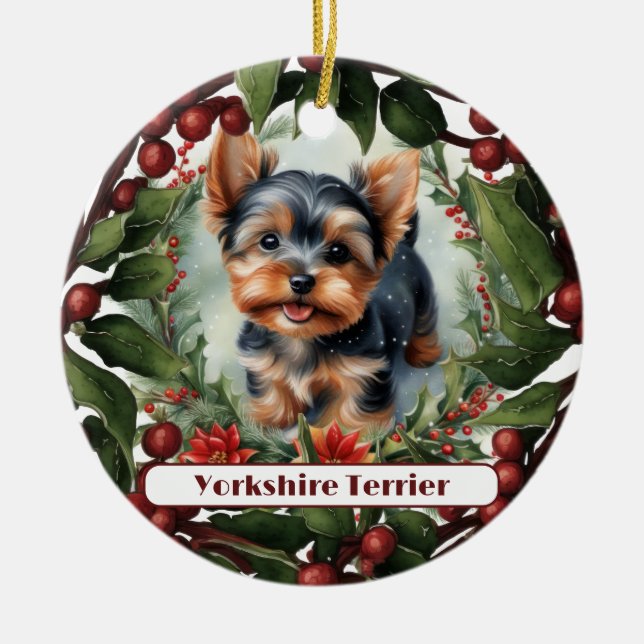 Adorable Yorkie, Personalisierte Weihnachten Keramik Ornament (Vorne)