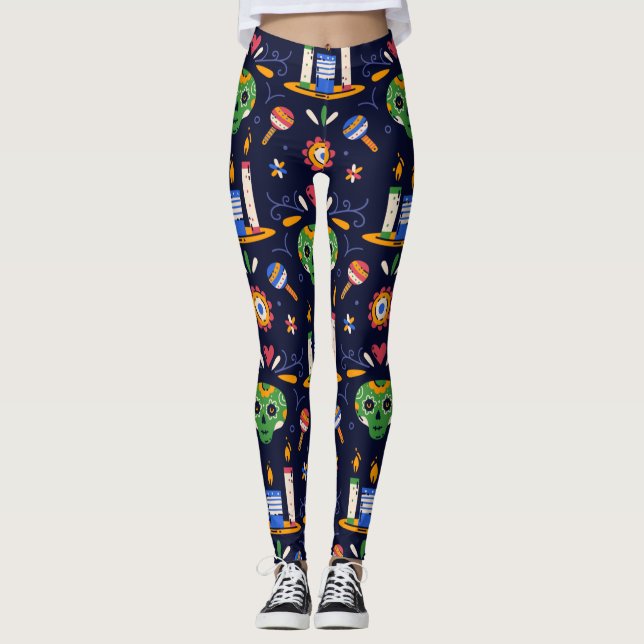 Adorables Day of the Dead Calavara Style Yoga Leggings (Vorderseite)