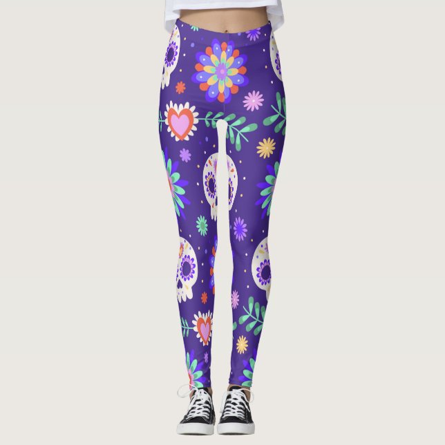 Adorables Day of the Dead Calavara Style Yoga Leggings (Vorderseite)