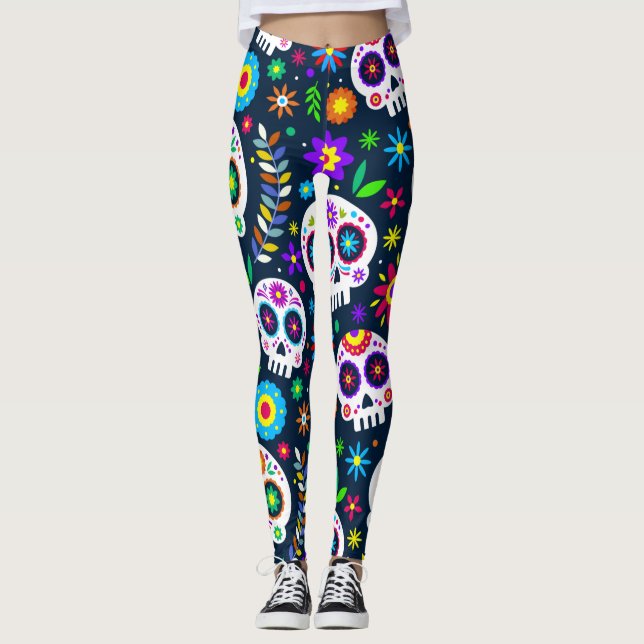 Adorables Day of the Dead Calavara Style Yoga Leggings (Vorderseite)