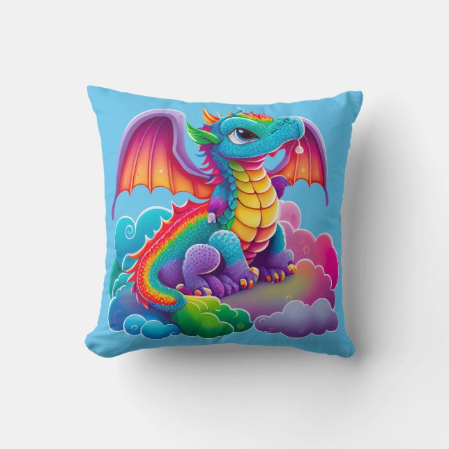 Adorables farbenfroher Dragon Cartoon Blau Kissen (Vorderseite)