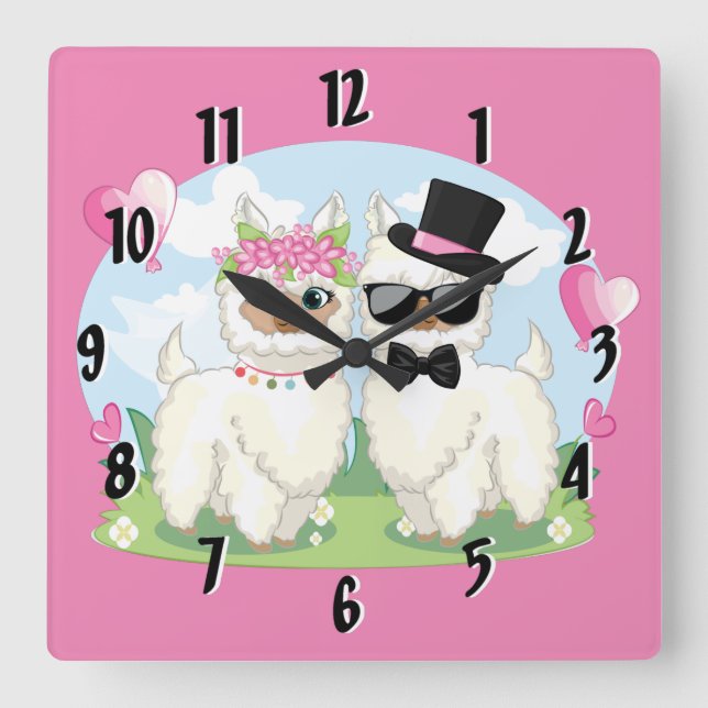 Adorables Llama Love Cute Llama Couple Pink Quadratische Wanduhr (Vorderseite)