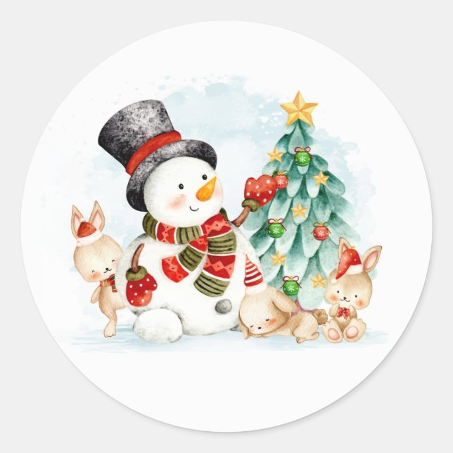 Adorables Weihnachten Schneemann Bunnies und Baum Runder Aufkleber (Vorderseite)