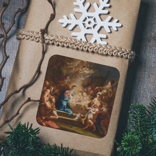 Adoration Shepherds Vintage Weihnachtskrippe Quadratischer Aufkleber (The Adoration of the Shepherds by S. Conca Vintage Religious Christmas Nativity Scene Gift Sticker)