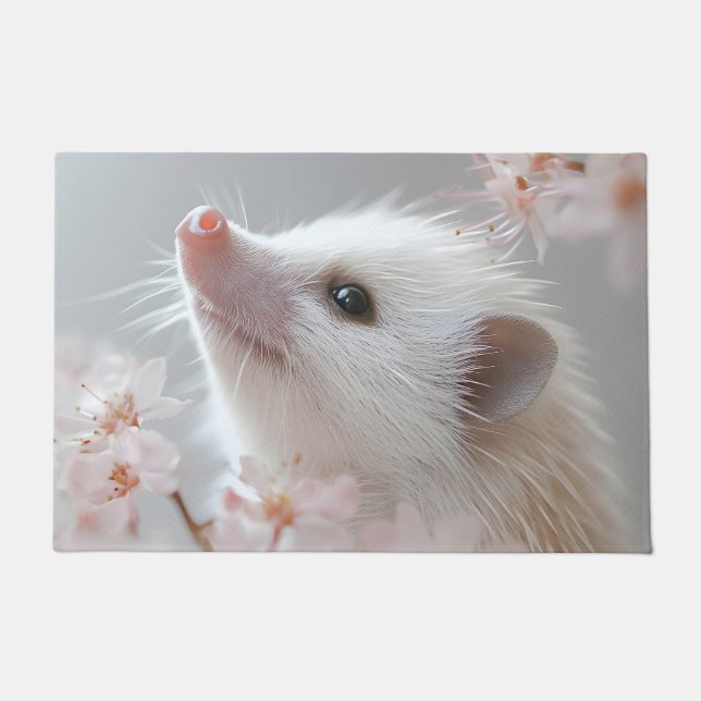 Adorativer Igel unter Frühlingsblüten Fußmatte (Vorderseite)