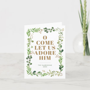 Adore Him Foliage Frame Religious Folded Foto Feiertagskarte