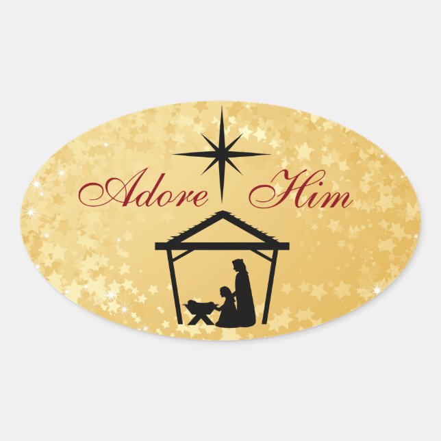 Adore Him - Weihnachtsaufkleber der Krippe Ovaler Aufkleber (Vorderseite)