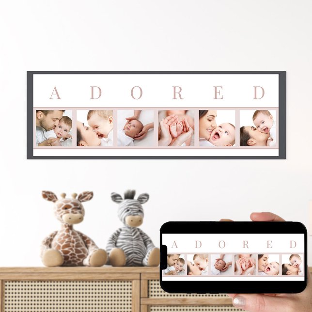 ADORED 6 Foto Collage Pink und White Baby Picture Poster (Adored new baby photo collage for the nursery, living room, grandparent gifts ..)