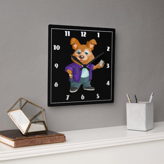Adorful spielerischer Cartoon Hundeschüler in eine Quadratische Wanduhr (Büro)
