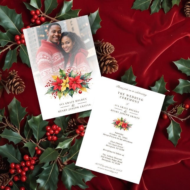 Adorned Christmas Floral Garland Poinsettias Photo Einladung (Adorned Christmas Botanical Floral Garland Poinsettias Photo Wedding Invitations Cards. )