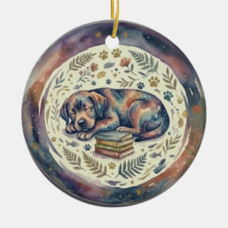 Adorno Navideño Perro Durmiendo con libros Keramik Ornament