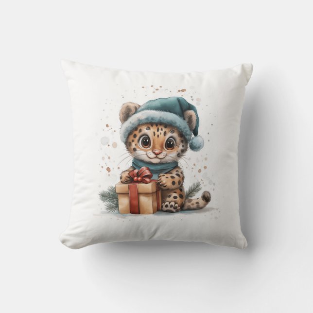 Adortable Animal Baby Leopard in Weihnachtsmannmüt Kissen (Vorderseite)