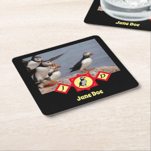 Adortable Atlantic Puffin Cartoon Monogram Foto Rechteckiger Pappuntersetzer
