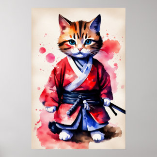 Adortable Baby Cat Samurai Aquarellkunst Poster