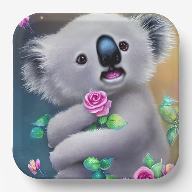 Adortable Baby Koala Bär mit Blume Pappteller (Vorderseite)