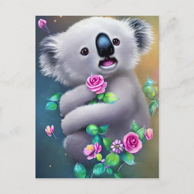 Adortable Baby Koala Bär mit Blume Postkarte (Vorderseite)