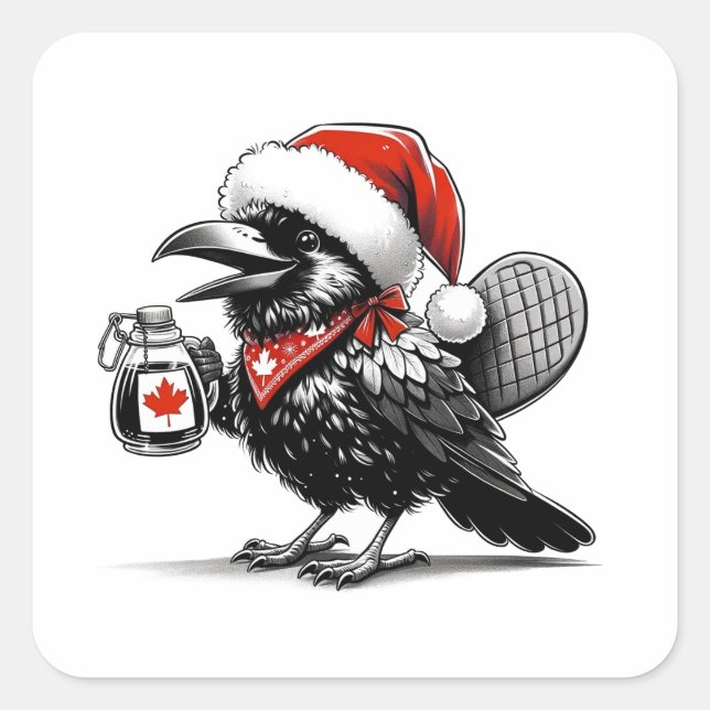 Adortable Canadian Christmas Raven Quadratischer Aufkleber (Vorderseite)