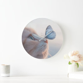 Adortable Cat & Blue Butterfly Große Wanduhr