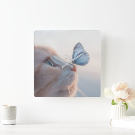 Adortable Cat & Blue Butterfly Quadratische Wanduhr