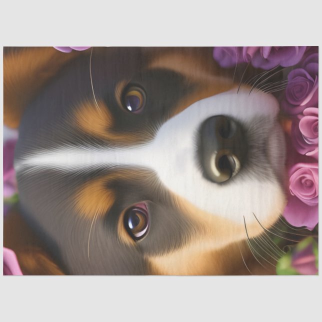 Adortable Corgi-Pup in rosa Rosen Seidenpapier (Vorderseite)