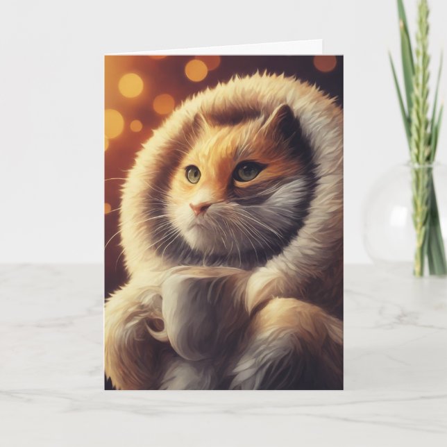 Adortable Funny Cat Holds Coffee Tasse Karte (Vorderseite)