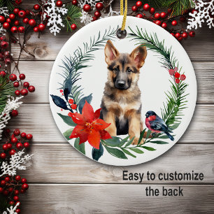 Adortable German Shepherd Pup Watercolor Poinsetti Keramik Ornament