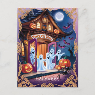 Adortable Halloween-Geister vor der Haustür Postkarte