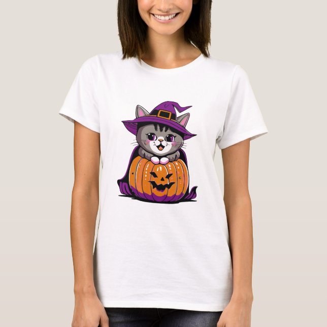 Adortable Halloween Hexenkatze T-Shirt (Vorderseite)
