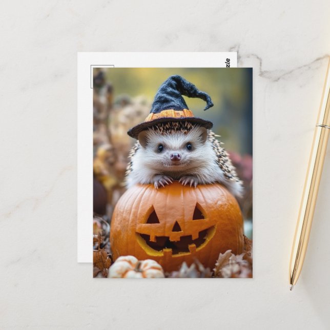 Adortable Halloween-Igel Postkarte (Vorderseite/Rückseite Beispiel)