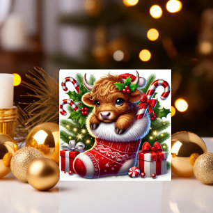 Adortable Highland Cow in Christmas Strumpf Feiertagskarte