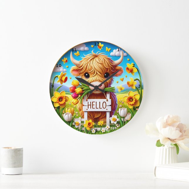 Adortable Highland Cow Spring Floral Große Wanduhr (Zuhause)