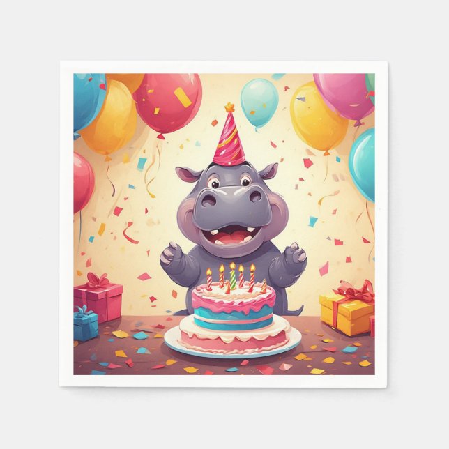 Adortable Hippo feiert Geburtstag mit Kuchen Serviette (Vorderseite)